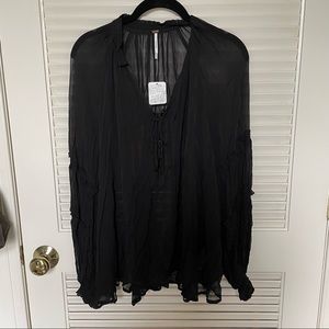 NWT Free People sheer black top with lace-up tie at neckline